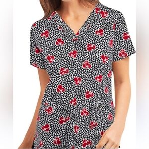 Betsey Johnson Black & White Heart Leopard Prints Scrub Top with Red Hearts